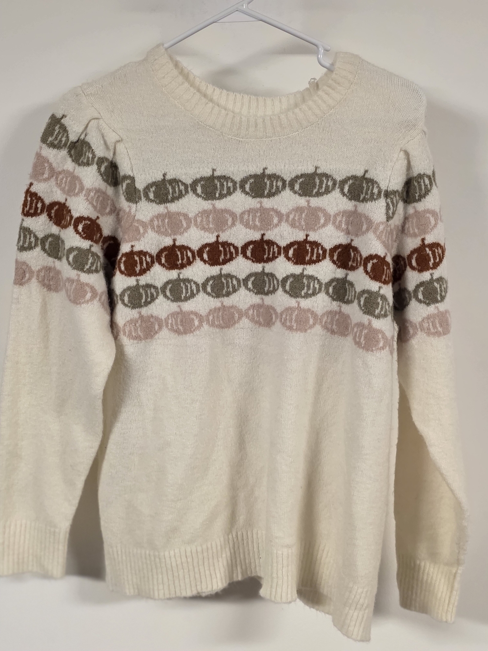 Maurices Cream Crewneck Sweater with Pink, Olive & Brown Pumpkin Pattern